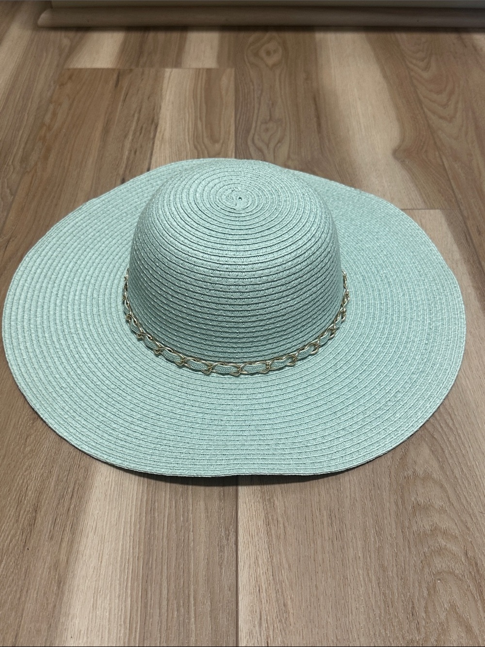 Charming Charlie Mint Green Straw Sun Hat Gold Chain Accent NWT Wide Brim